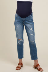 Blue Distressed Open Knee Cropped Straight Leg Maternity Jeans