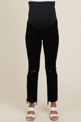 Black Cut Hem Open Knee Straight Leg Maternity Jeans