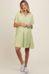 Mint Green Striped Button Front Maternity Dress