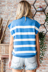 Blue Striped Split Collar Knit Top