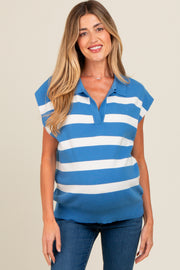 Blue Striped Split Collar Knit Maternity Top