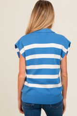 Blue Striped Split Collar Knit Maternity Top