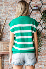 Green Striped Split Collar Knit Top