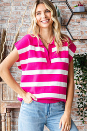 Fuchsia Striped Split Collar Knit Top