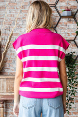 Fuchsia Striped Split Collar Knit Top