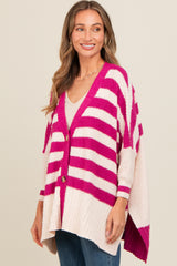 Magenta Textured Knit Striped Oversized Cardigan