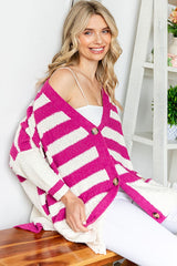 Magenta Textured Knit Striped Oversized Cardigan