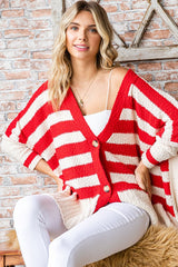 Red Textured Knit Striped Oversized Cardigan