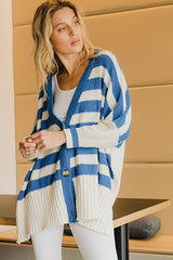 Blue Textured Knit Striped Oversized Cardigan