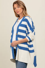 Blue Textured Knit Striped Oversized Maternity Cardigan