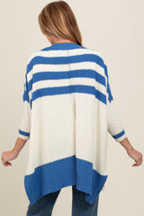 Blue Textured Knit Striped Oversized Maternity Cardigan