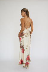 Beige Halterneck Floral Print Ruched Front Maxi Dress