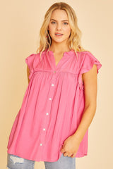 Hot Pink Ruffle Sleeve Flowy Woven Tunic