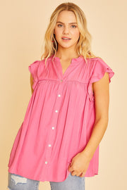 Hot Pink Ruffle Sleeve Flowy Woven Tunic