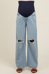 Light Blue Open Knee Relaxed Wide Leg Maternity Jeans