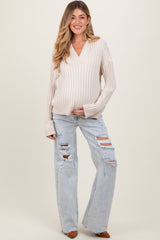 Light Blue Distressed Open Knee Wide Leg Maternity Jeans