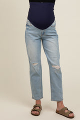 Light Blue Open Knee Straight Leg Maternity Jeans