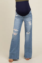 Light Blue Distressed Knee Wide Leg Maternity Jeans