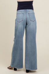 Blue Distressed Knee Super Wide Leg Maternity Jeans