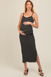 Black Striped Ribbed Adjustable Strap Body Con Maternity Dress