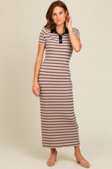 Mocha Striped Collared Side Slit Maternity Maxi Dress