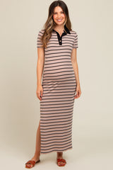 Mocha Striped Collared Side Slit Maternity Maxi Dress