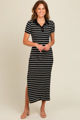 Black Striped Collared Side Slit Maxi Dress