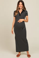 Black Striped Collared Side Slit Maternity Maxi Dress