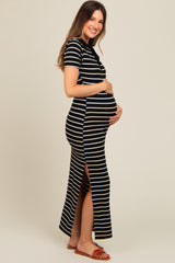 Black Striped Collared Side Slit Maternity Maxi Dress