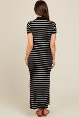 Black Striped Collared Side Slit Maternity Maxi Dress