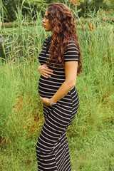 Black Striped Collared Side Slit Maternity Maxi Dress