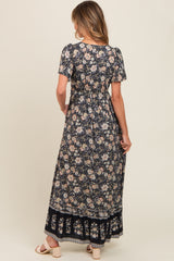 Black Floral Border Printed Woven Short Sleeve V-Neck Maxi Dress