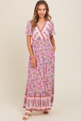 Pink Floral Border Printed Woven Short Sleeve V-Neck Maxi Dress