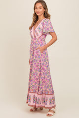 Pink Floral Border Printed Woven Short Sleeve V-Neck Maxi Dress