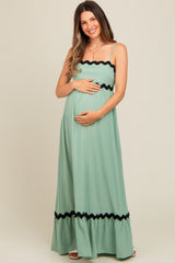 Sage Sleeveless ZigZag Accent Maternity Maxi Dress