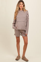 Mocha Cozy Striped Ribbed Two-Piece Maternity Lounge Set