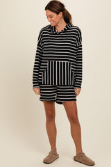 Black Cozy Striped Ribbed Two-Piece Maternity Lounge Set