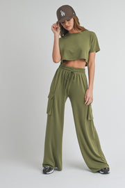 Olive Crop Top Cargo Pant Set