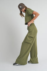 Olive Crop Top Cargo Pant Set