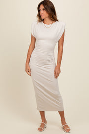 Ivory Padded Shoulder Fitted Midi Dress