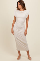 Ivory Padded Shoulder Fitted Maternity Midi Dress