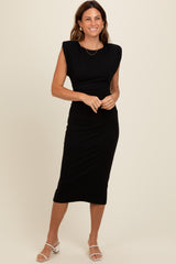 Black Padded Shoulder Fitted Midi Dress