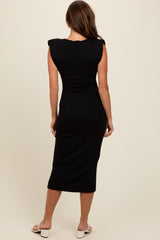 Black Padded Shoulder Fitted Midi Dress