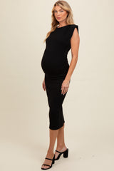 Black Padded Shoulder Fitted Maternity Midi Dress