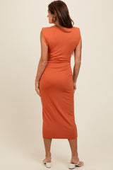 Rust Padded Shoulder Fitted Midi Dress