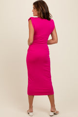 Fuchsia Padded Shoulder Fitted Midi Dress