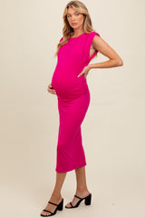 Fuchsia Padded Shoulder Fitted Maternity Midi Dress