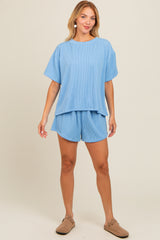 Blue Ribbed Shorts Set