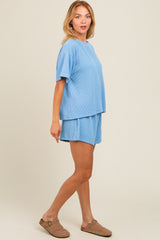 Blue Ribbed Shorts Set