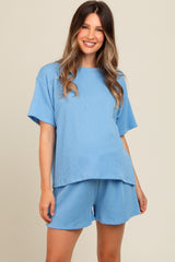 Blue Ribbed Maternity Shorts Set